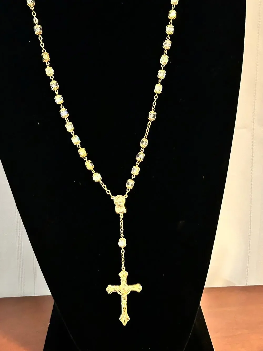 Gold Tone Crystal Bead Rosary Cross Pendant Necklace 26